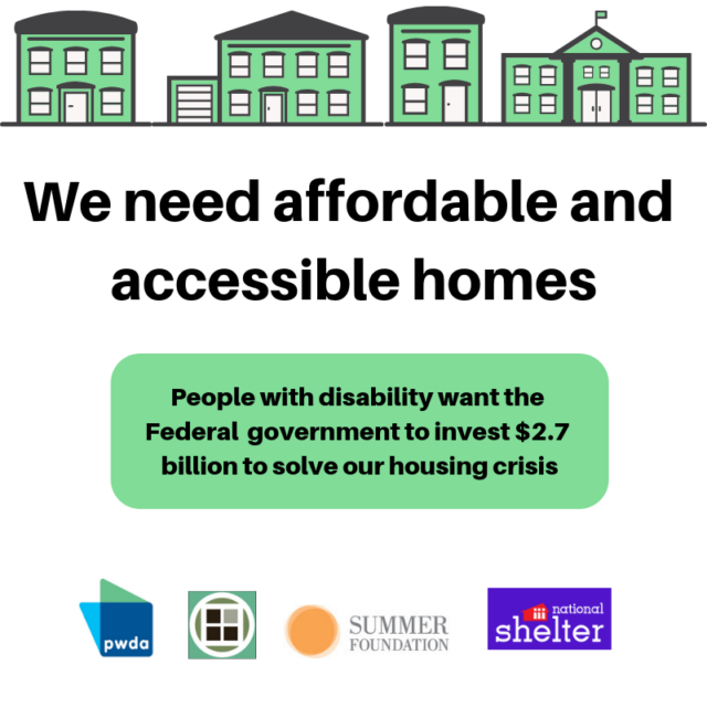 Drawings of different houses. Text says: We need affordable and accessible homes. People with disability want the Federal Government to invest $2.7 billion to solve our housing crisis