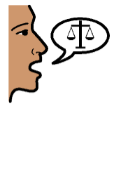 a drawing of a face with a speech bubble that has scales in it.