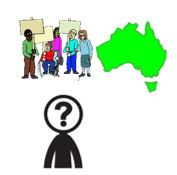 Cartoons of people at a protest, a map of australia and a person with a question mark for a face