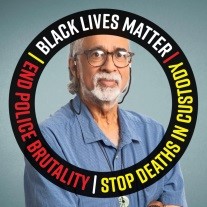 headshot of a person with grey hair and a grey beard, wearing glasses and a light blue dress shirt. there is a filter over the photo that reads "black lives matter, stop deaths in custody, end police brutality"