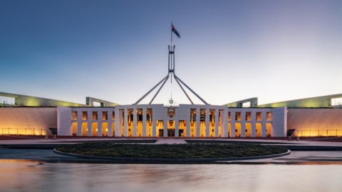 Photo of Parliament House in Canberra at dusk