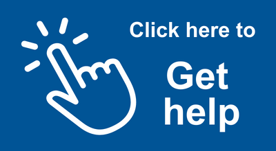 Blue background with an icon of a finger clicking. Text reads ' Click here to get help'.