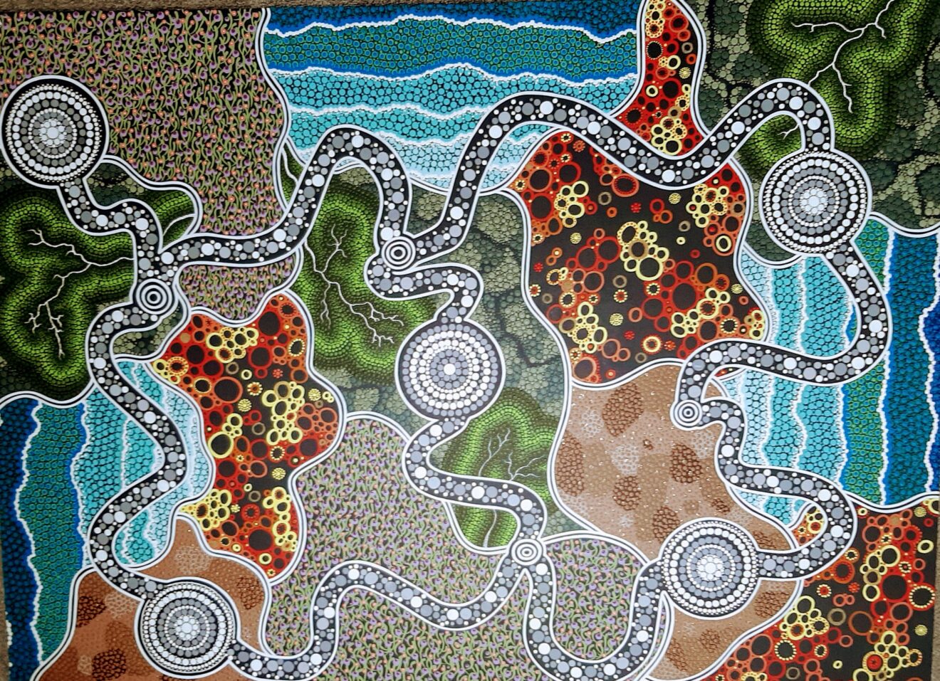 Colourful aboriginal artwork called Our land reflects our people showing grey dotted paths snaking throughout the image with segmented backgrounds in red, orange & yellow; greens and blues.