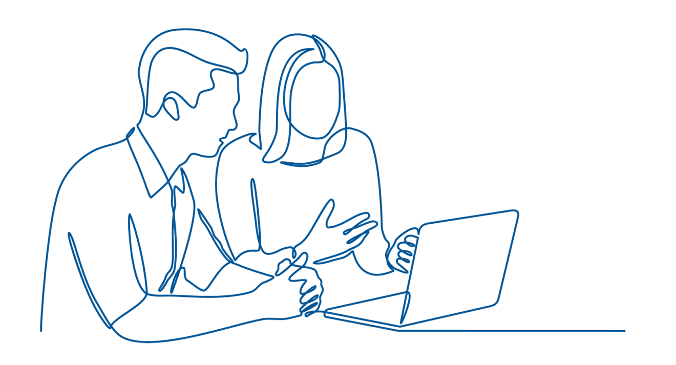 linework drawing of two people looking at an open laptop and talking