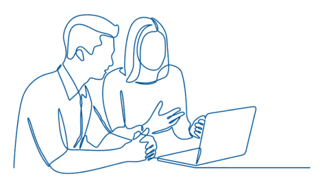 linework drawing of two people looking at an open laptop and talking