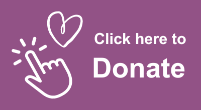 Coloured button with text reading 'Click here to donate' with a pointing finger and a love heart.