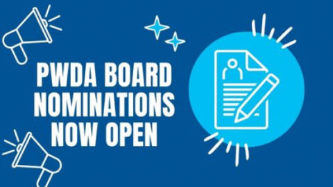 Blue tile with text reading, 'PWDA Board nominations now open'. There are icons of a form with a pencil and two loudspeakers.