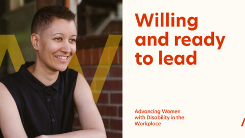 Femme person smiling with text WILLING AND READY TO LEAD
