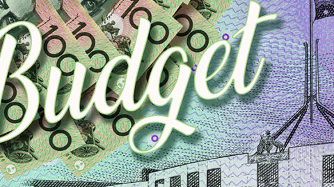 [IMAGE The word budget is written in cursive style across a background of 100 dollar notes and line drawing of Parliament house]
