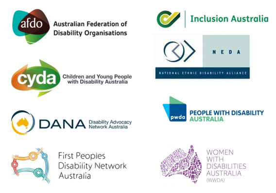 Logos for eight national organisations - AFDO, CYDA, DANA, FPDN, Inclusion Australia, NEDA, PWDA, WWDA