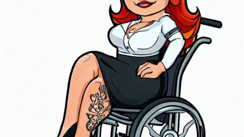 Digital illustration of Cheryl. She is shown sitting in a wheelchair, with red hair and glasses and a tattoo on her calf.