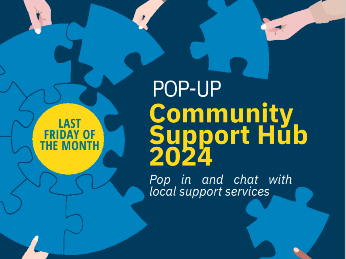 Graphic of cogs and text reads Pop Up Community Support Hub Last Friday of Month