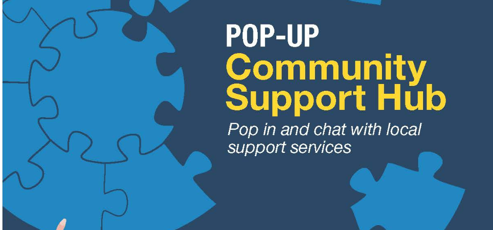 Graphic of cogs and text reads Pop Up Communtiy Event