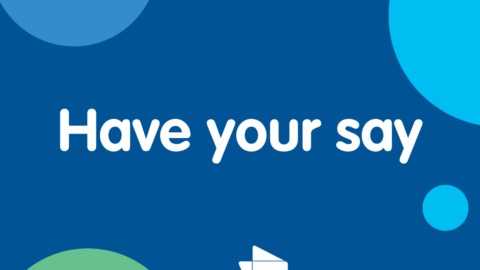 The words have your say alongside the PWDA logo on a blue background with colourful circles