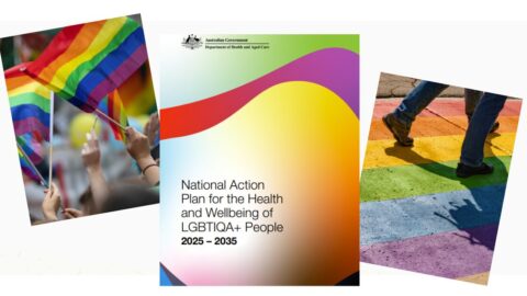 Image shows the front cover of the National Action Plan for the Health and Wellbeing of LGBTIQA+ People 2025 – 2035