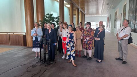 Dr Cassandra Goldie from ACOSS addresses the media surrounded by Parliamentarians and Community Sector Leaders including PWDA President Trinity Ford and Deputy CEO Megan Spindler-Smith