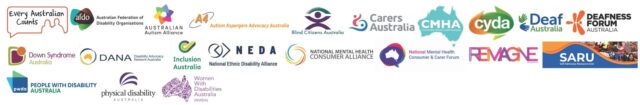 A densely packed collage of logos from therapy providers and disability support services, covering a range of speech pathology, occupational therapy, physiotherapy, and psychology services. Some logos include Red Fox Occupational Therapy, Spectrum Speech Pathology, Illawarra Health Services, Tiny Talkers Speech Therapy, Autism Understanding, Real Life Assistants, Happy Tales Therapy, and Grow & Tell Speech & OT. The designs are colorful and varied, reflecting the broad range of services available to people with disability.