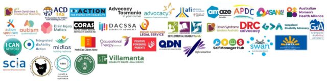 A densely packed collage of logos from therapy providers and disability support services, covering a range of speech pathology, occupational therapy, physiotherapy, and psychology services. Some logos include Red Fox Occupational Therapy, Spectrum Speech Pathology, Illawarra Health Services, Tiny Talkers Speech Therapy, Autism Understanding, Real Life Assistants, Happy Tales Therapy, and Grow & Tell Speech & OT. The designs are colorful and varied, reflecting the broad range of services available to people with disability.