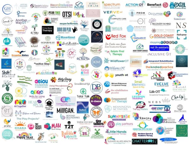 A densely packed collage of logos from therapy providers and disability support services, covering a range of speech pathology, occupational therapy, physiotherapy, and psychology services. Some logos include Red Fox Occupational Therapy, Spectrum Speech Pathology, Illawarra Health Services, Tiny Talkers Speech Therapy, Autism Understanding, Real Life Assistants, Happy Tales Therapy, and Grow & Tell Speech & OT. The designs are colorful and varied, reflecting the broad range of services available to people with disability.