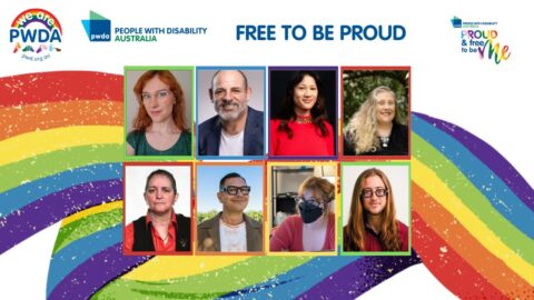 Free to be proud banner with PWDA logo and images of some of the speakers. The banner has a blue background featuring a rainbow flag.