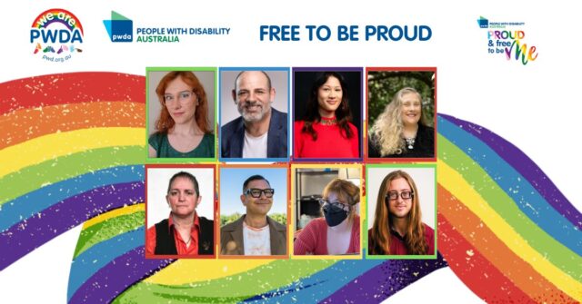 Free to be proud banner with PWDA logo and images of some of the speakers. The banner has a blue background featuring a rainbow flag.