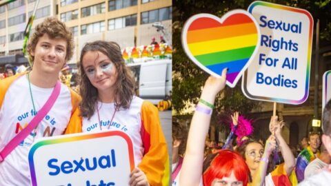 images show PWDA participants in the 2024 mardi gras holding sign that reads Sexual rights for all bodies