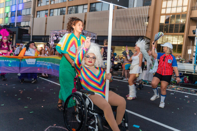 Helen Wheels heads up Oxford Street at the 2025 Mardi Gras Parade. 