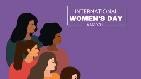 A purple background with graphic of a diverse group of women. Text reads international womens day 8 March