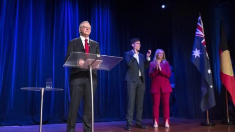 Anthony Albanese standing on a stage as he delivers his victory speech for the Labor Party 2025 Federal Election win.