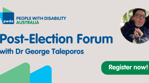 PWDA Promotional banner with PWDA logo. Text reads 'Post-Election Forum with Dr George Taleporos. Register now.