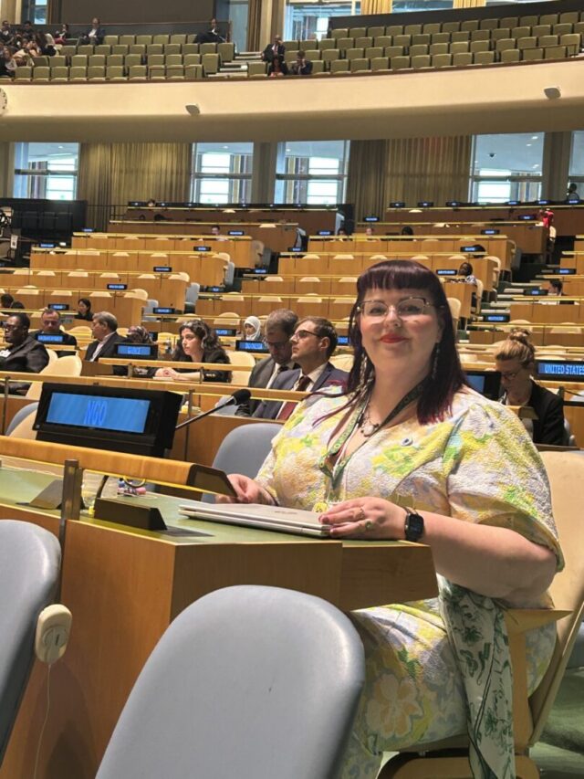 4 post intervention Megan - People with Disability Australia Megan Spindler Smith in bright colours at UN headquarters