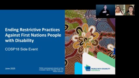 Front page of COSP side event recording with slide deck showing artwork by First Nations artist Paul Constable Calcott