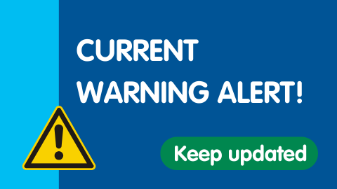 Image with blue background and white text "Current Warning Alert, Keep Updated"