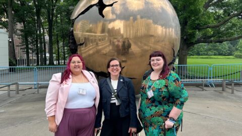 Tahlia-Rose Vanissum, Alex Bignell and Megan Spindler-Smith at the United Nations Head Quarters