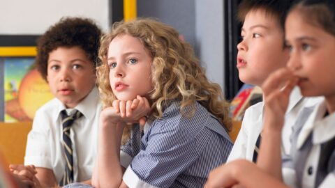 Primary school students sitting in classroom