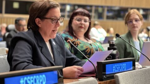 Alex Bignell delivering an intervention at COSP Civil Society Forum
