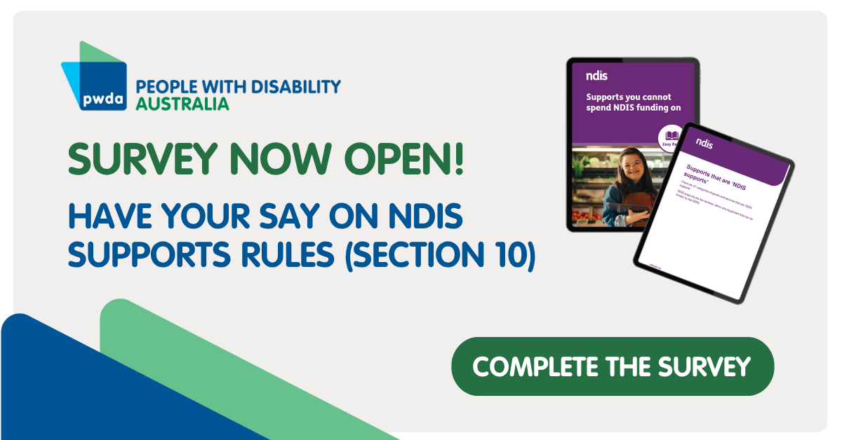NDIS Support Rule Survey Facebook Ad - People with Disability Australia NDIS SUpports SUrvey banner with ipads showing the support rules documents and text