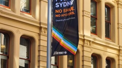 Disability Pride Festival Sydney flag outside town hall