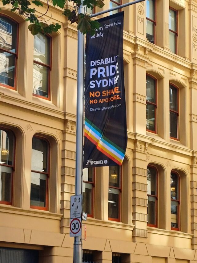 Disability Pride Festival Sydney flag outside town hall