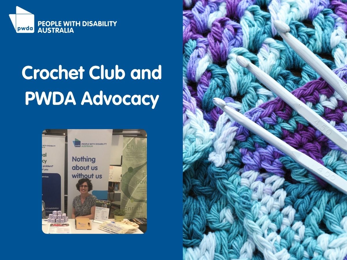 Crochet on the right with image of Grace at Outreach table on left