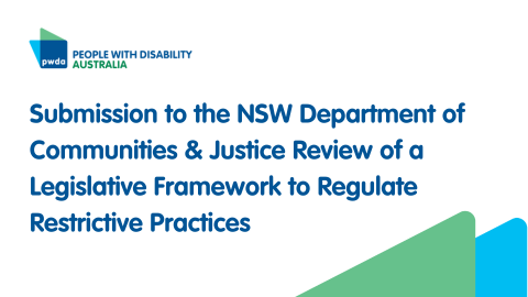 Text reads Submission to the NSW Department of Communities & Justice Review of a Legislative Framework to Regulate Restrictive Practices