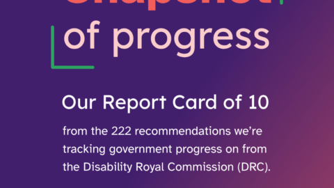 Heading says Snapshot of progress. Text below says Our Report Card of 10 from the 222 recommendations we’re tracking government progress on from the Disability Royal Commission (DRC). See how we rated them. Arrow points right.