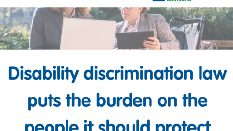 Banner with PWDA logo and headline: ‘Disability discrimination law puts the burden on the people it should protect.’ showing two people with a laptop and tablet in a garden.