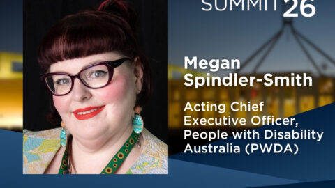 Poster for Revenue Summit 26 featuring Megan Spindler-Smith, Acting Chief Executive Officer, PWDA, with event date and The Australia Institute logo on a blue background.